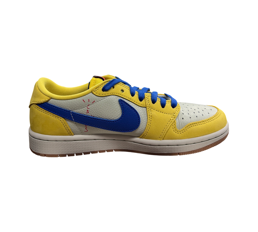 Genesis Boutique Jordan 1 Low Travis Scott Canary sneaker in yellow, grey, and blue leather with a reverse swoosh.