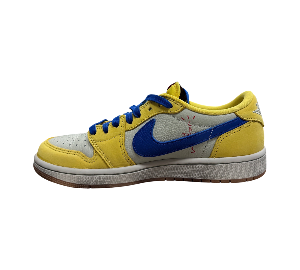 Genesis Boutique Jordan 1 Low Travis Scott Canary sneakers featuring yellow and grey leather with a blue reverse swoosh