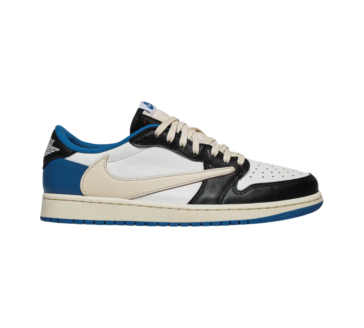 Genesis Boutique Jordan 1 Low Travis Scott Fragment sneakers in white, black, and blue leather with cream accents.