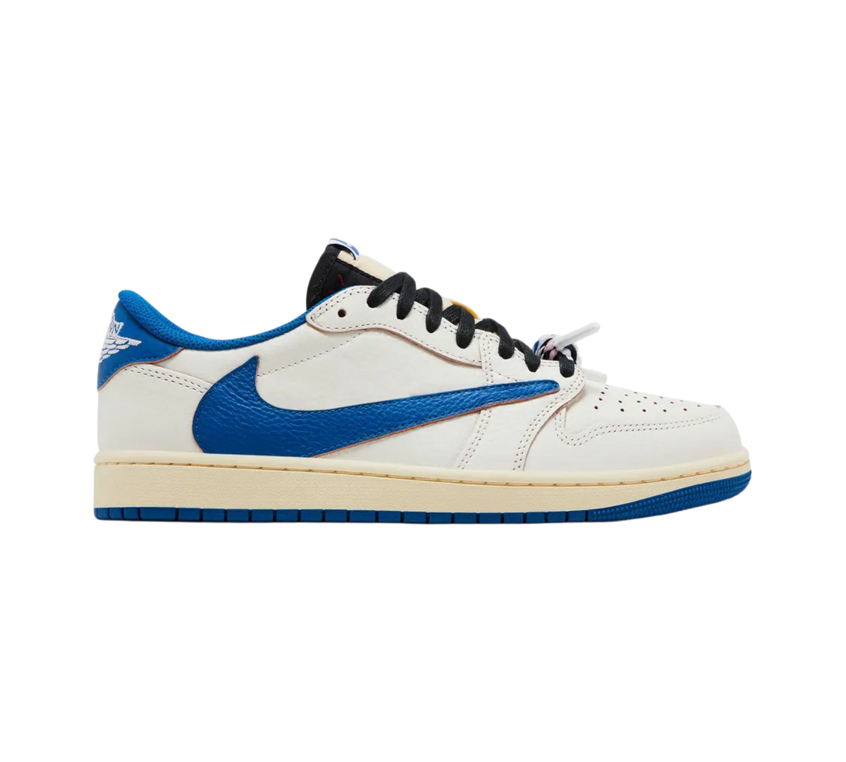 Genesis Boutique Jordan 1 Low Travis Scott Fragment Sail sneakers with sail leather upper and royal blue accents.