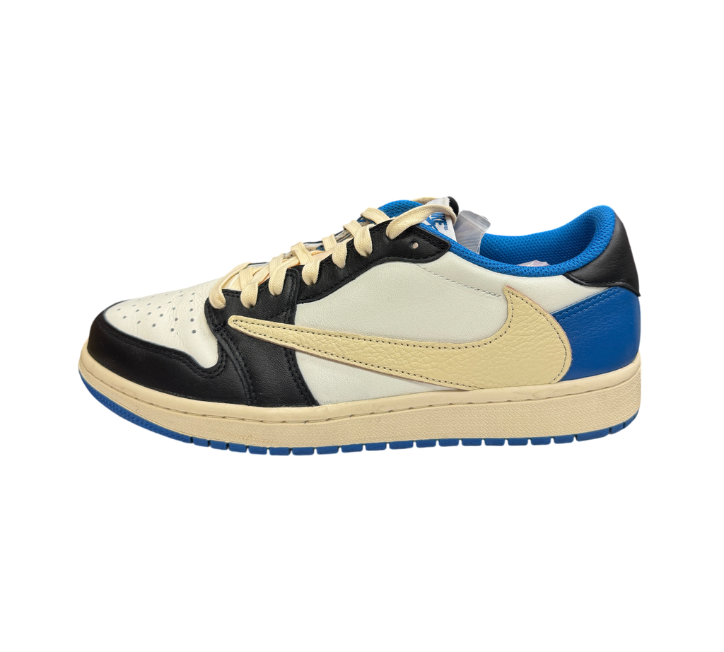 Genesis Boutique Jordan 1 Low Travis Scott Fragment sneakers in white, black, and blue leather with cream swoosh
