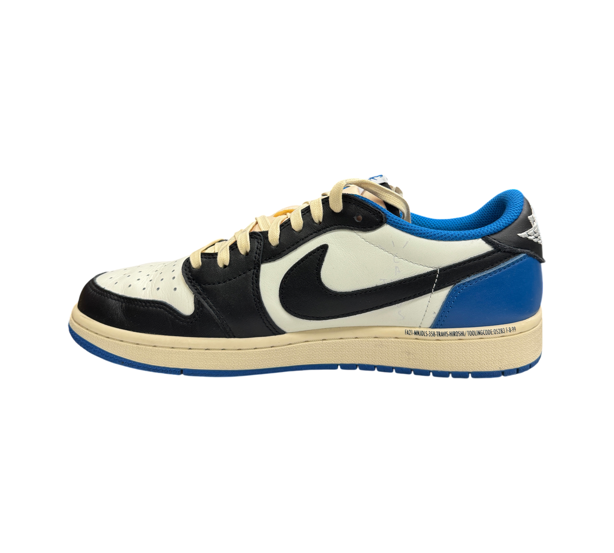 Genesis Boutique Jordan 1 Low Travis Scott Fragment sneaker in white, black, and blue leather with cream laces