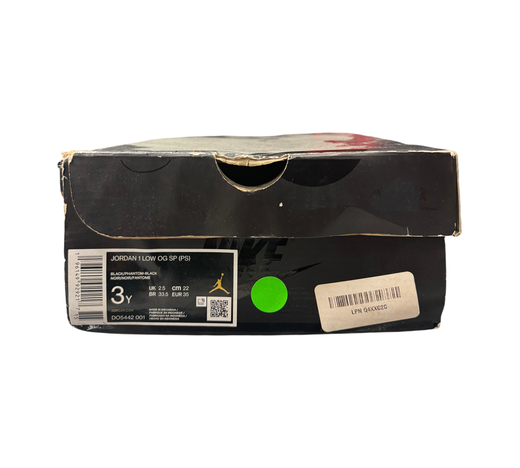 Genesis Boutique Jordan 1 Low Travis Scott Phantom PS shoe box with size label and black Nike branding