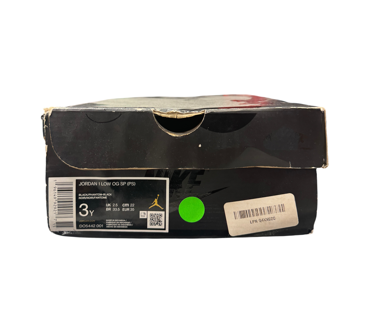 Genesis Boutique Jordan 1 Low Travis Scott Phantom PS shoe box with size label and black Nike branding