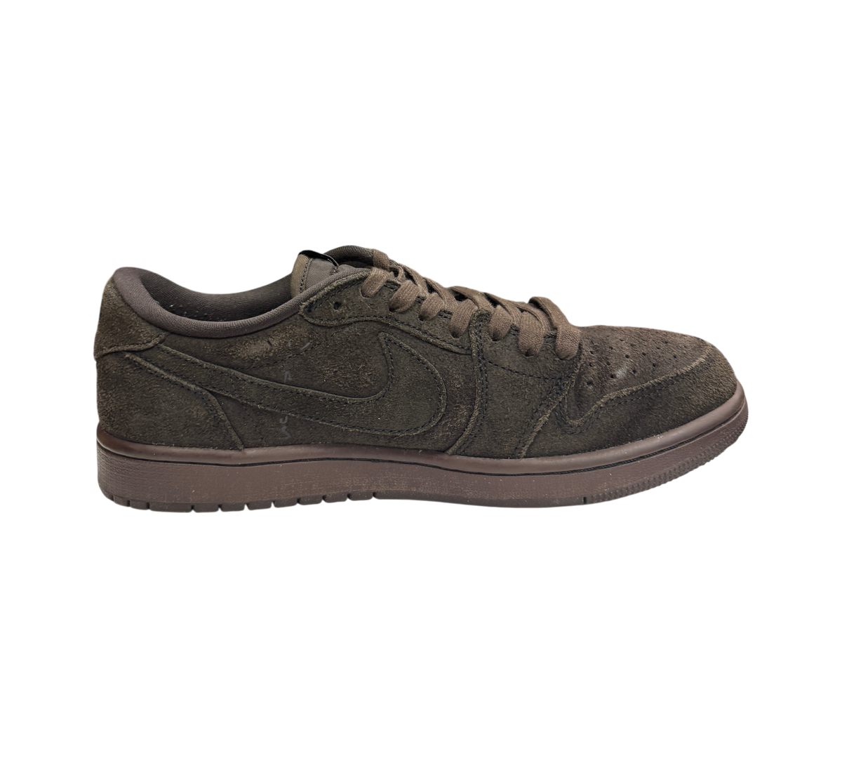 Genesis Boutique Jordan 1 Low Travis Scott Velvet Brown sneaker in dark brown suede with a side profile view