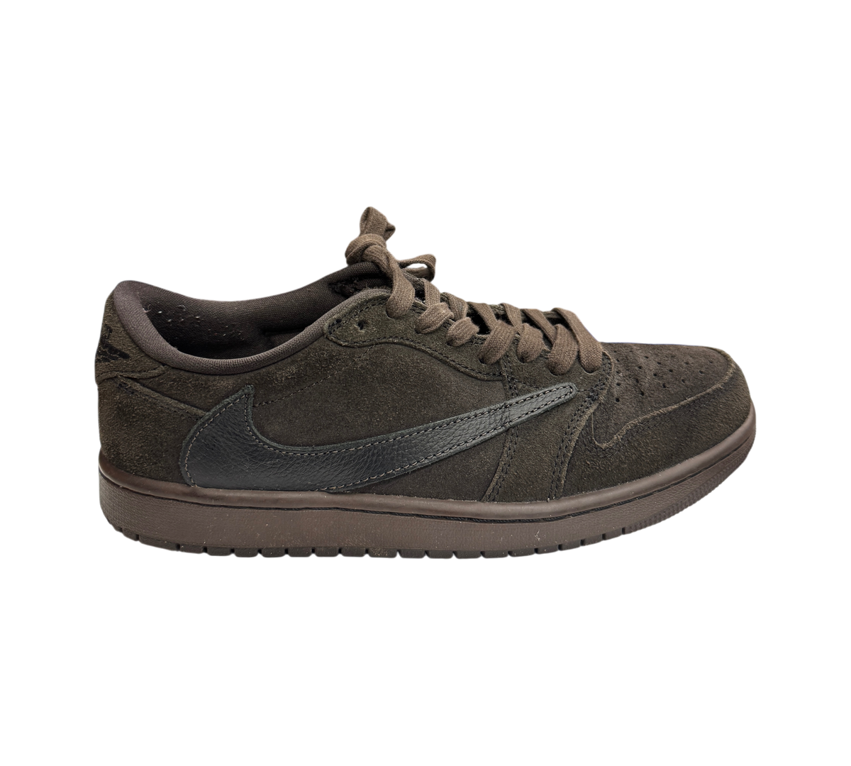 Genesis Boutique Jordan 1 Low Travis Scott Velvet Brown sneaker in dark brown suede with a reverse black swoosh