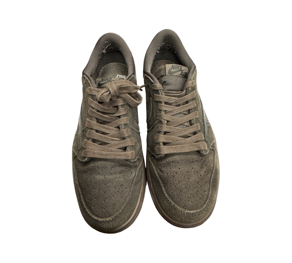 Genesis Boutique Jordan 1 Low Travis Scott Velvet Brown sneakers in dark brown suede with signature reverse swoosh