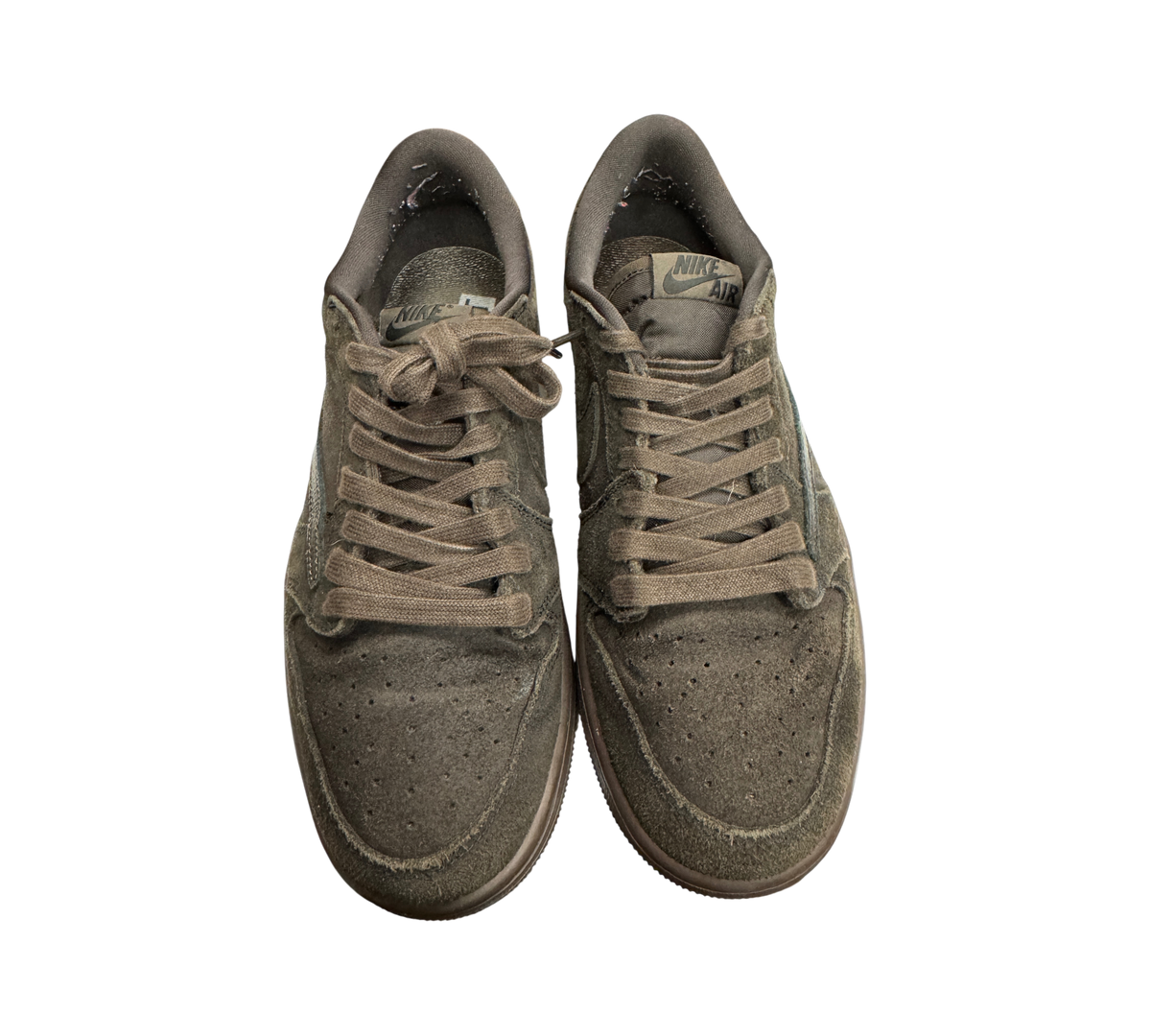Genesis Boutique Jordan 1 Low Travis Scott Velvet Brown sneakers in dark brown suede with signature reverse swoosh