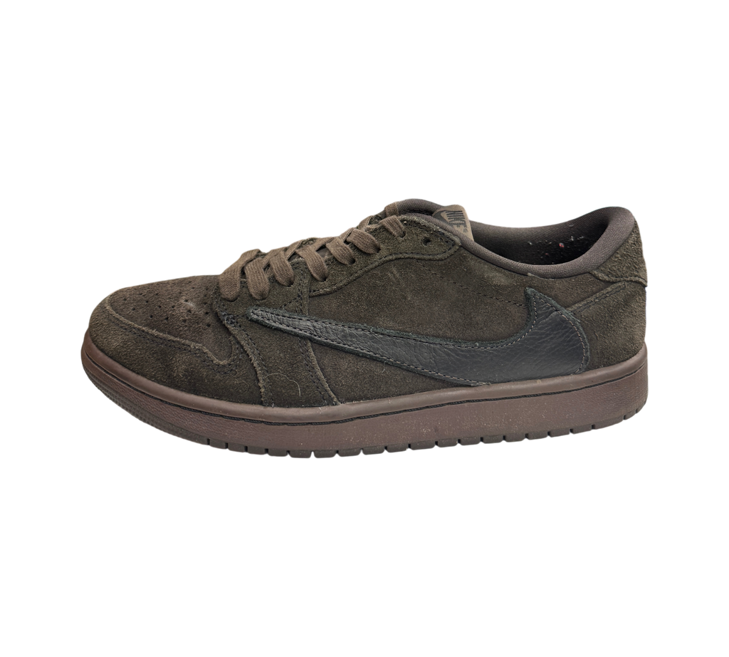 Genesis Boutique Jordan 1 Low Travis Scott Velvet Brown sneaker in dark brown suede with black reverse swoosh