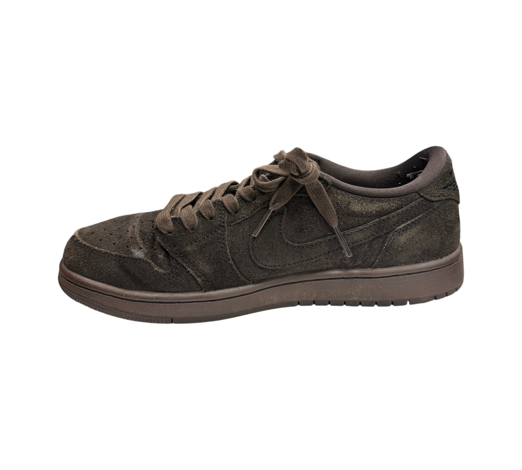 Genesis Boutique Jordan 1 Low Travis Scott Velvet Brown sneaker in dark brown suede with a side profile view