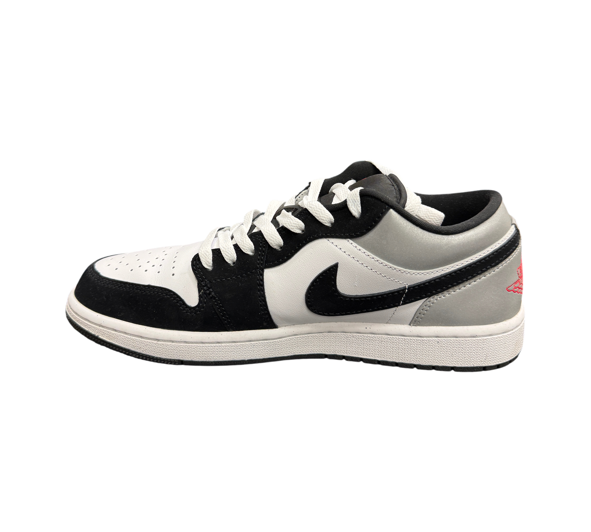 Genesis Boutique Jordan 1 Low sneaker in white, fire red, black, and matte silver leather with lace-up closure.