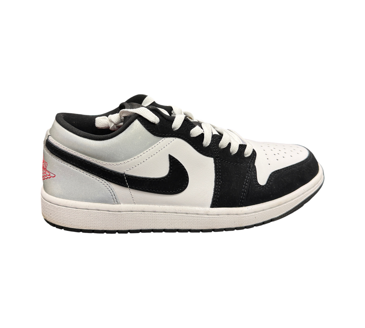 Genesis Boutique Jordan 1 Low sneakers in white, fire red, black, and matte silver with a classic leather design.