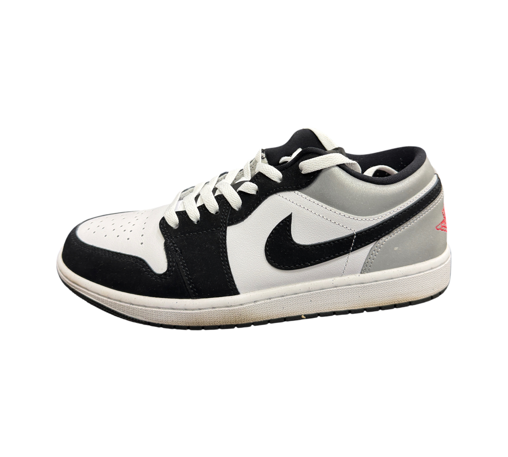 Genesis Boutique Jordan 1 Low sneaker in white, fire red, black, and matte silver leather with white laces.