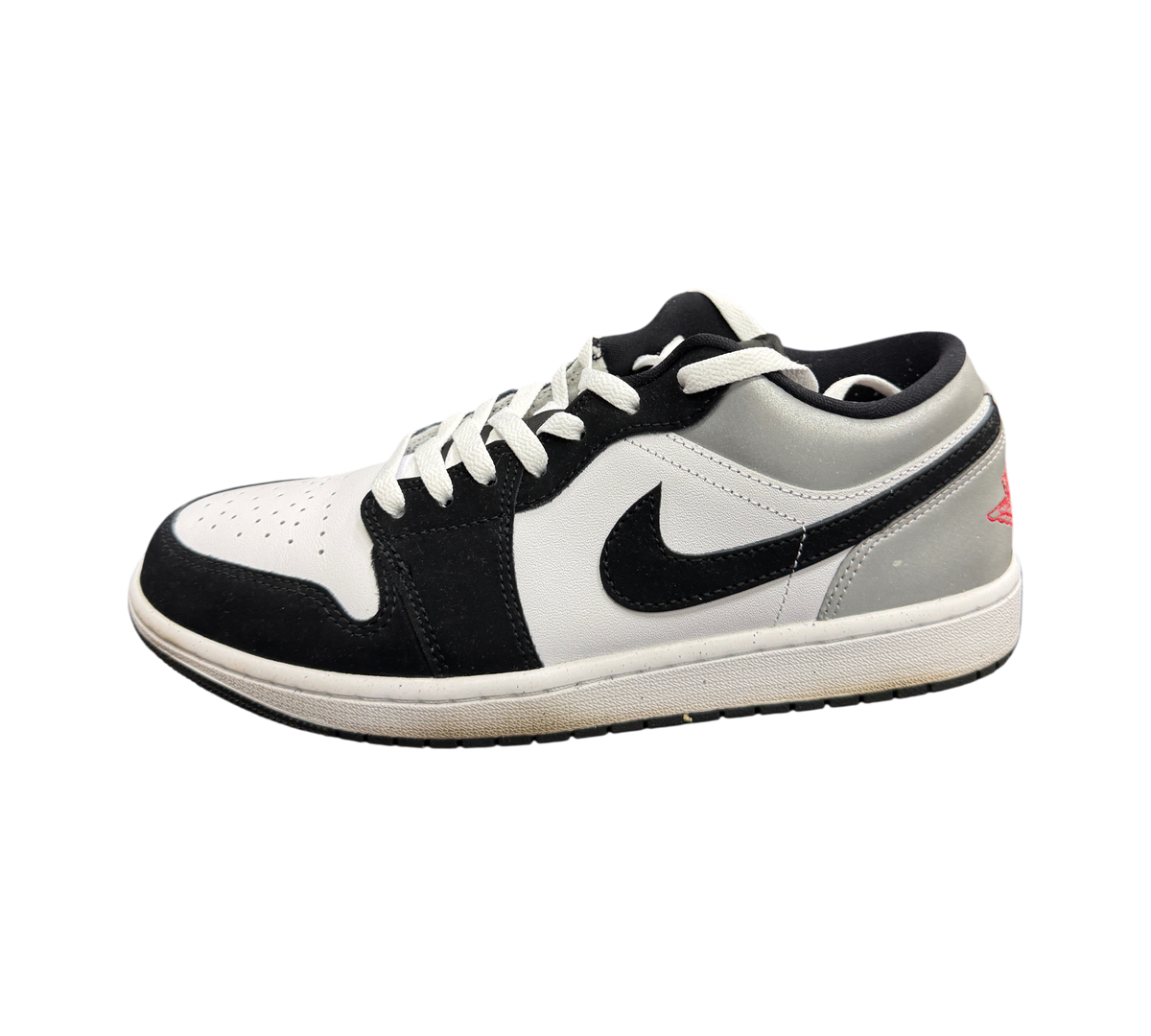 Genesis Boutique Jordan 1 Low sneaker in white, fire red, black, and matte silver leather with white laces.