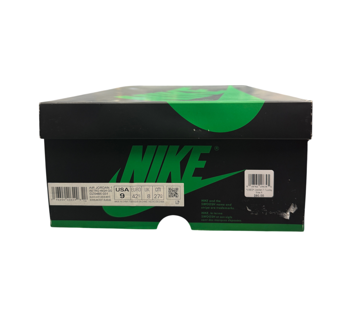 Genesis Boutique Jordan 1 Lucky Green shoebox with size label and Nike branding on a black background