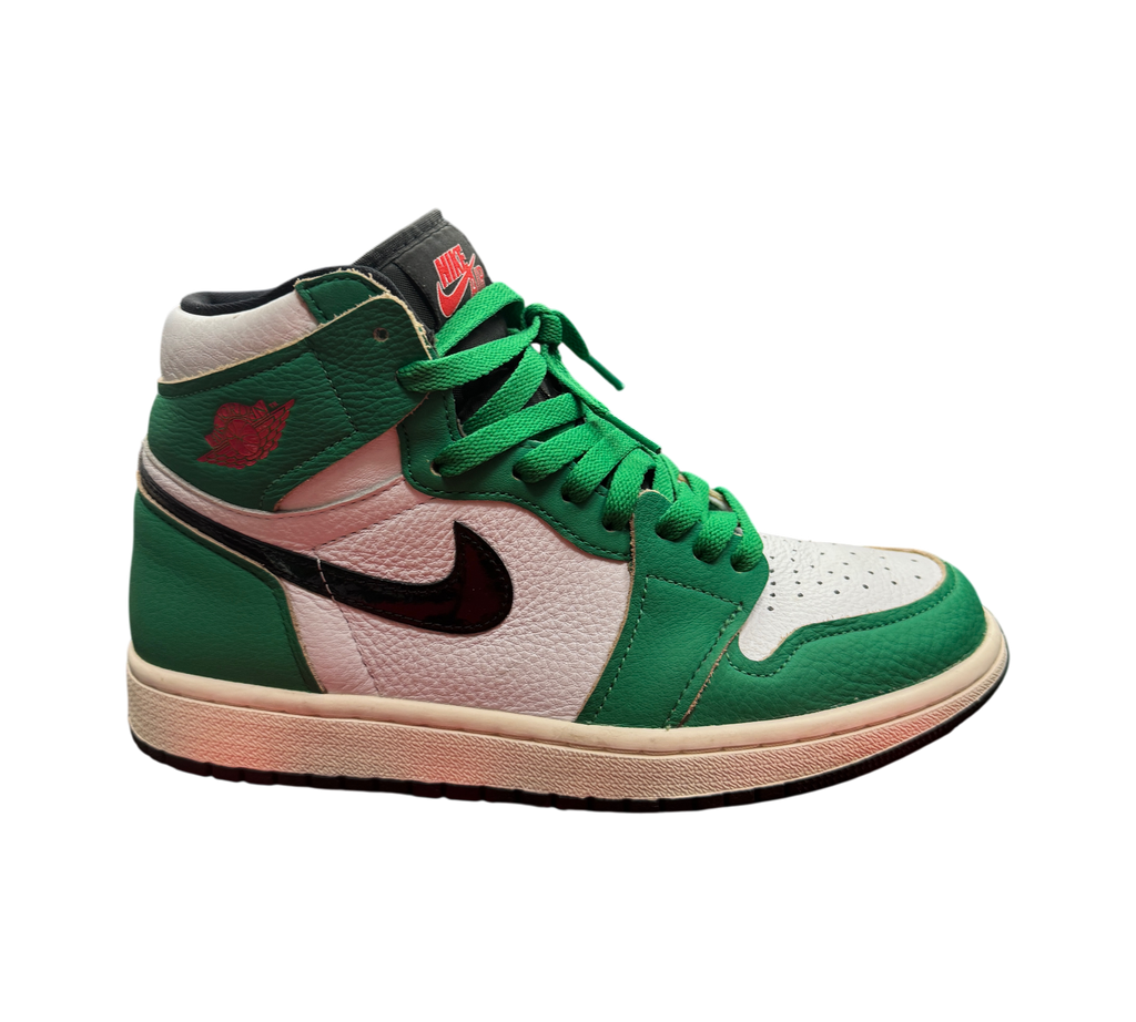 Genesis Boutique Jordan 1 High Lucky Green sneakers in white and green leather with black swoosh on a red shoebox