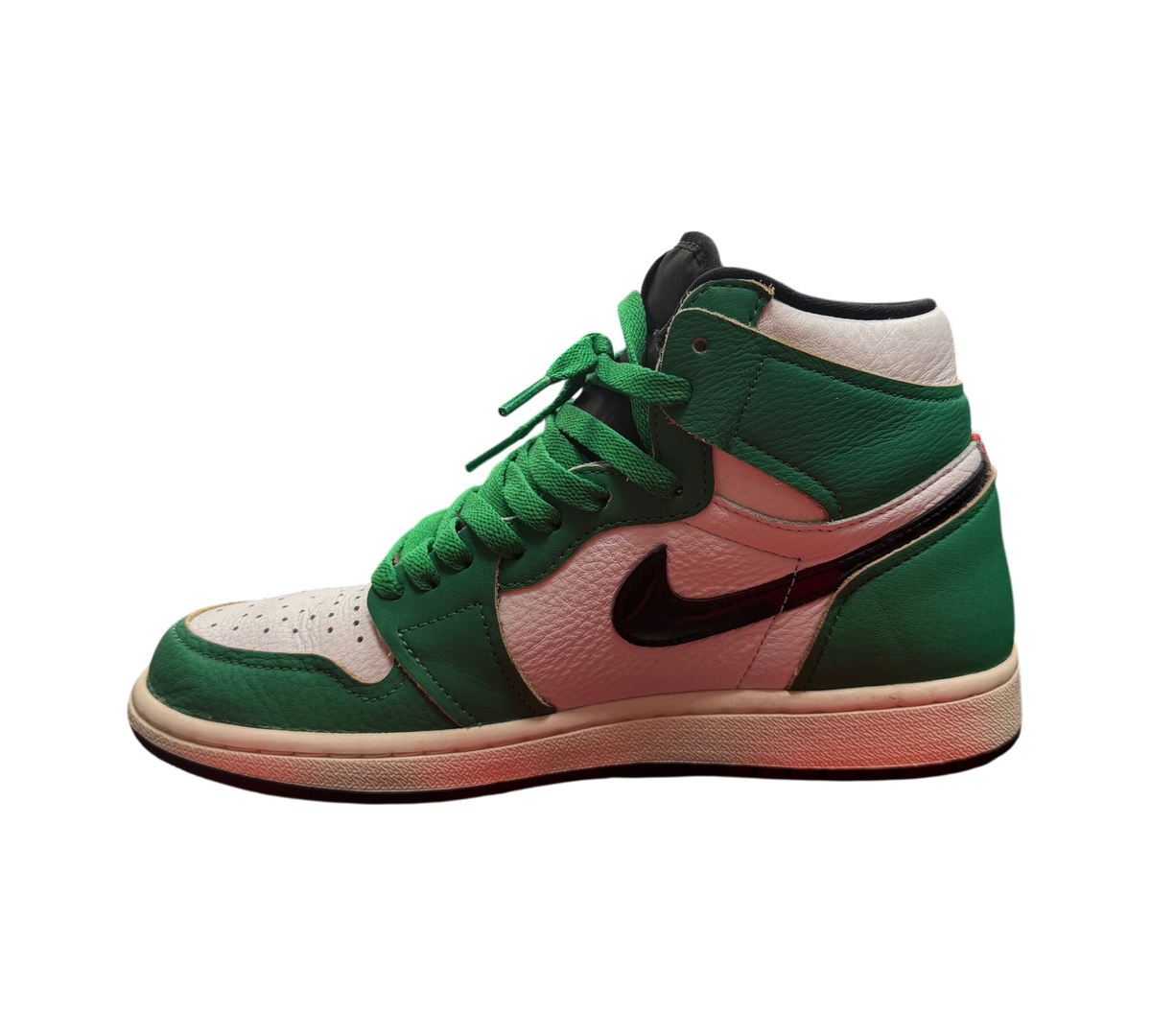 Genesis Boutique Jordan 1 High Lucky Green sneakers in white and green leather with black swoosh on a red box
