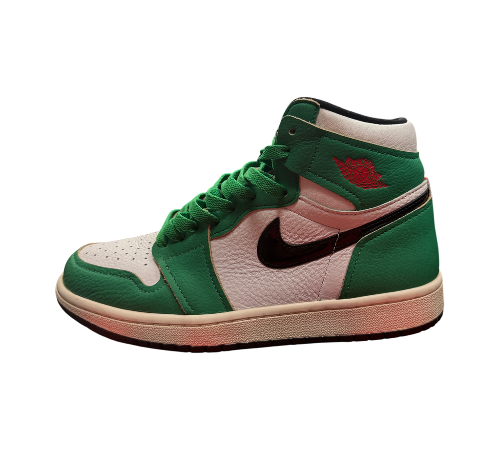 Genesis Boutique Jordan 1 High Lucky Green sneaker in white and green leather with red wings logo on side