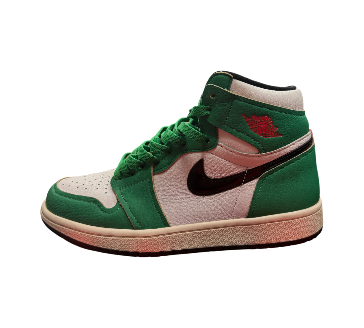 Genesis Boutique Jordan 1 High Lucky Green sneaker in white and green leather with red wings logo on side
