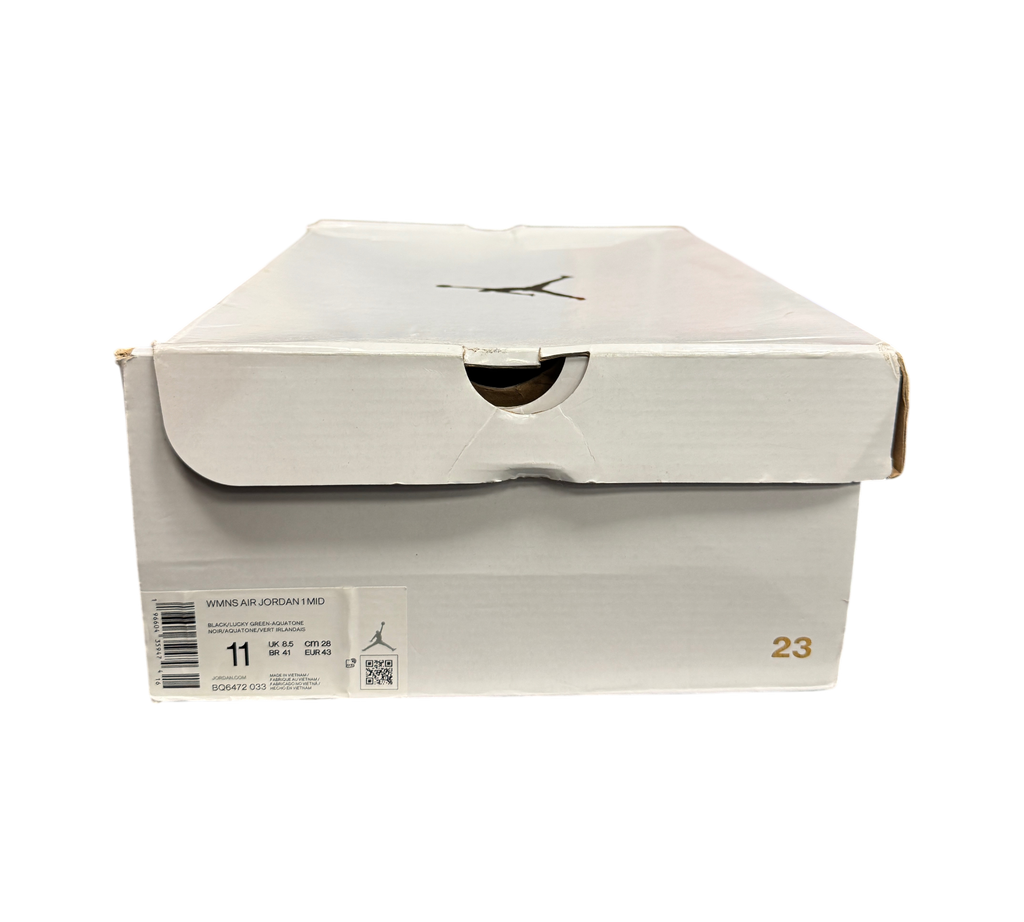 Genesis Boutique white Jordan 1 WMNS Mid Lucky Green Aquatone shoe box with size label and 23 branding