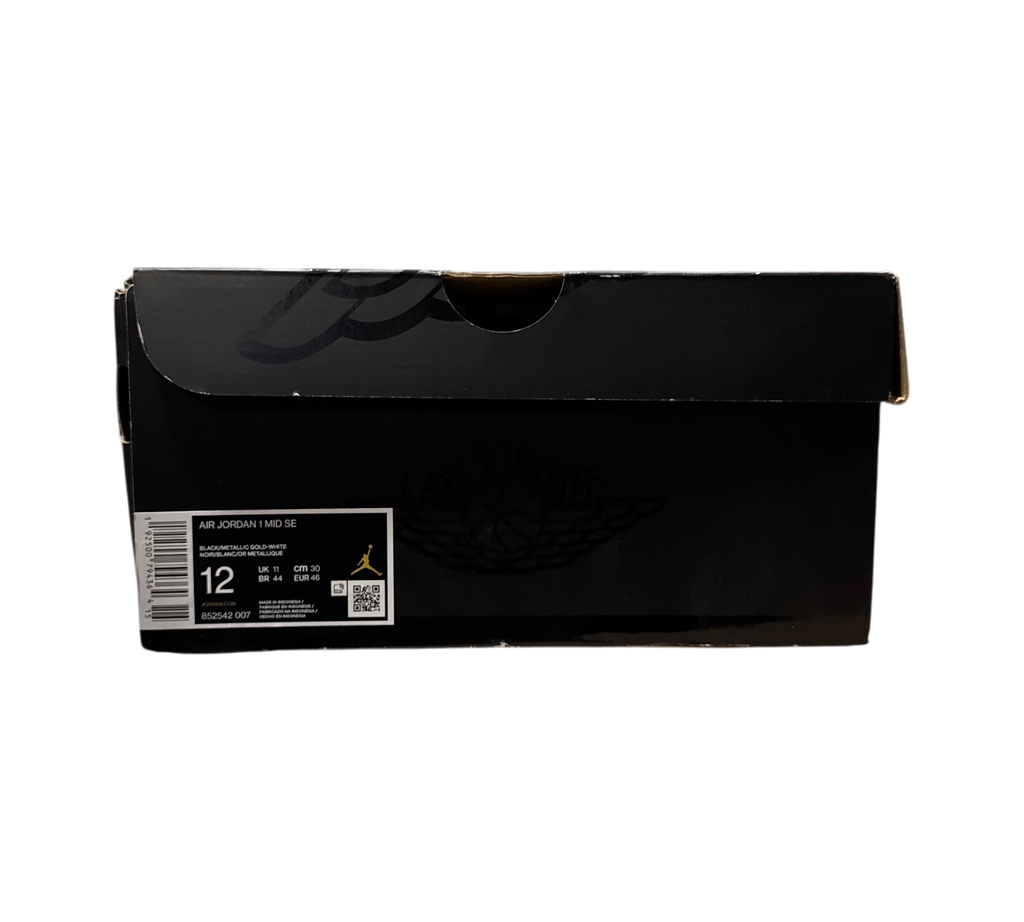 Genesis Boutique Jordan 1 Mid Metallic Gold shoe box with size 12 label