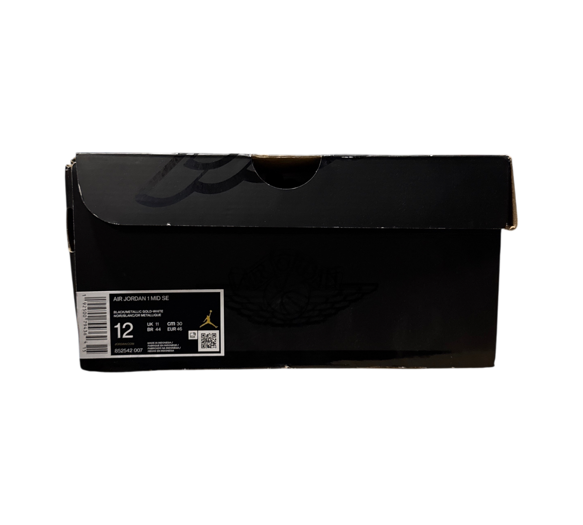 Genesis Boutique Jordan 1 Mid Metallic Gold shoe box with size 12 label