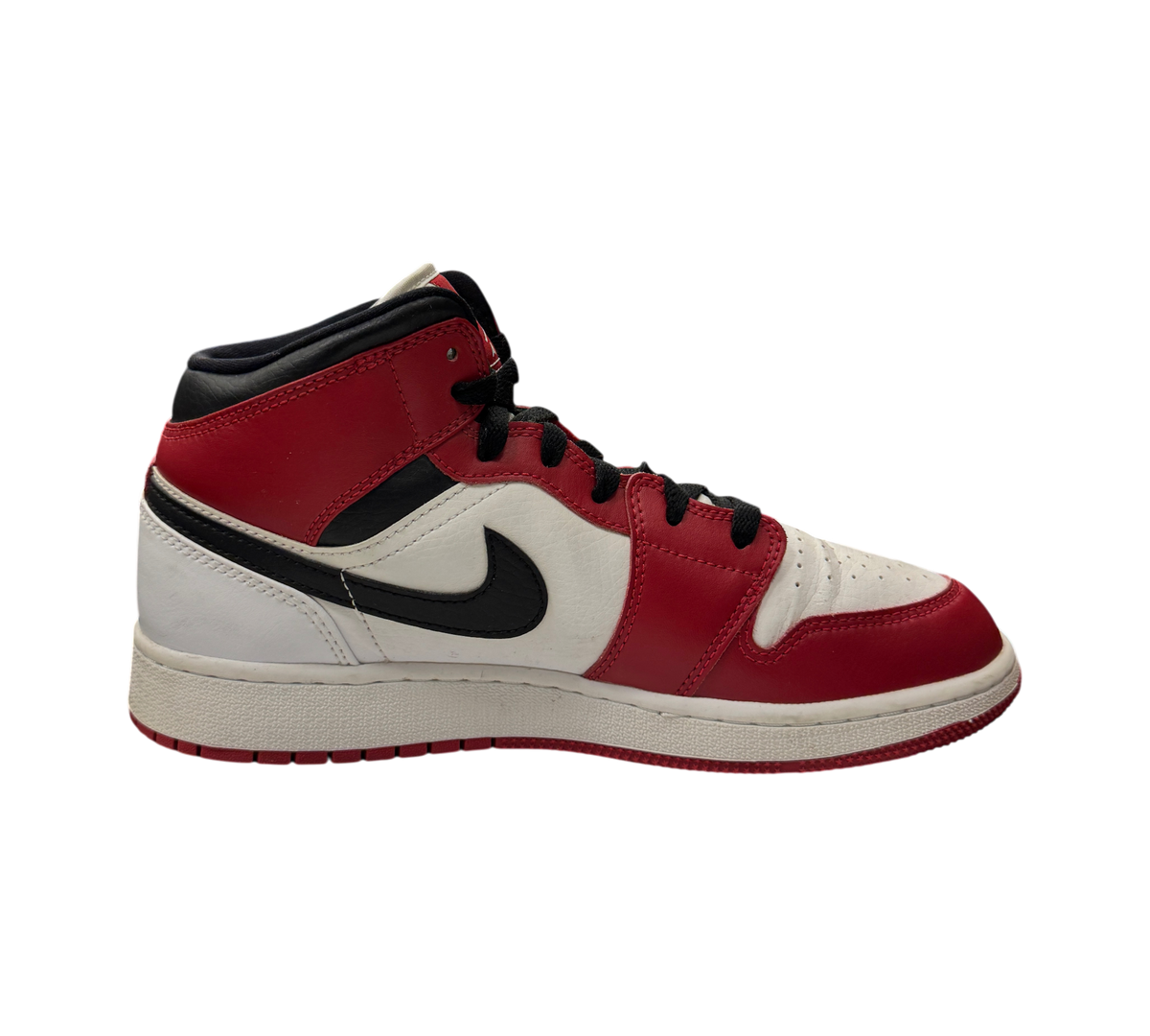 Genesis Boutique Jordan 1 Mid GS Chicago sneakers in red, white, and black leather with side profile view