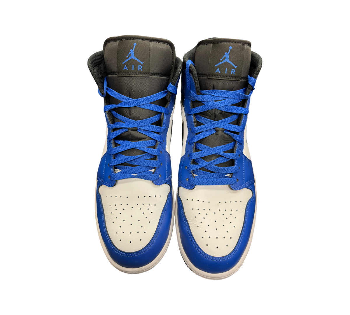 Genesis Boutique Jordan 1 Mid Game Royal sneakers in blue, white, and black leather with front-facing view