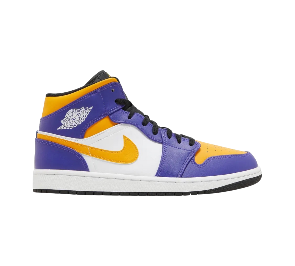 Genesis Boutique Jordan 1 Mid Lakers shoes with purple, yellow, and white leather panels and a yellow swoosh.