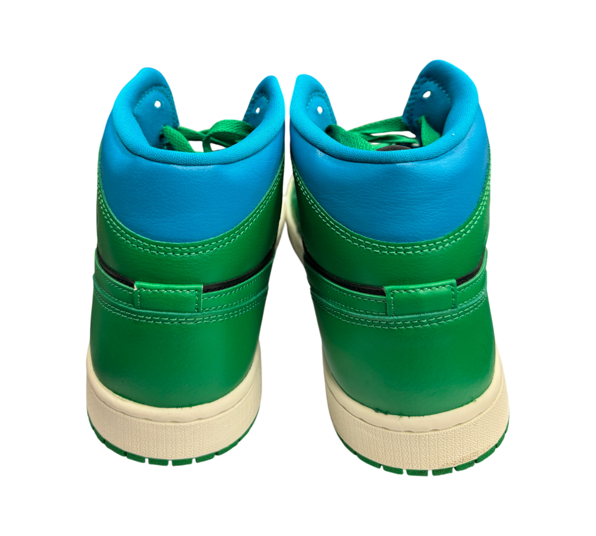 Genesis Boutique Jordan 1 WMNS Mid Lucky Green Aquatone sneakers featuring vibrant green and blue leather panels