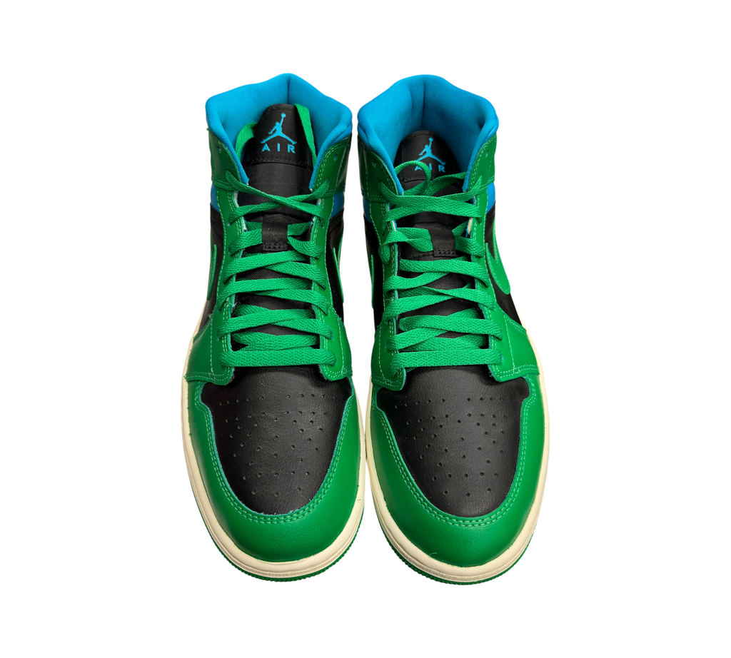 Genesis Boutique Jordan 1 WMNS Mid Lucky Green Aquatone sneakers featuring black leather, green overlays, and blue lining.