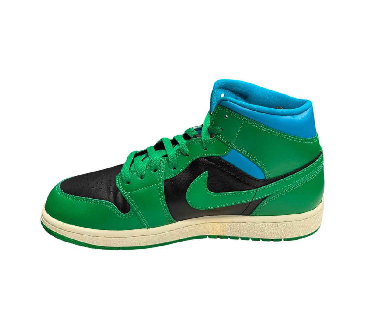 Genesis Boutique Jordan 1 WMNS Mid Lucky Green Aquatone sneakers featuring black leather and green overlays