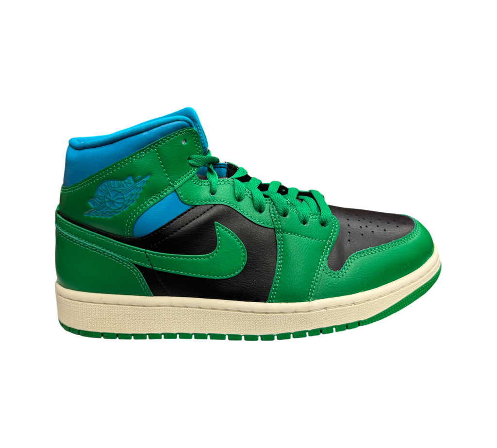 Genesis Boutique Jordan 1 WMNS Mid Lucky Green Aquatone sneakers with black leather and green overlays