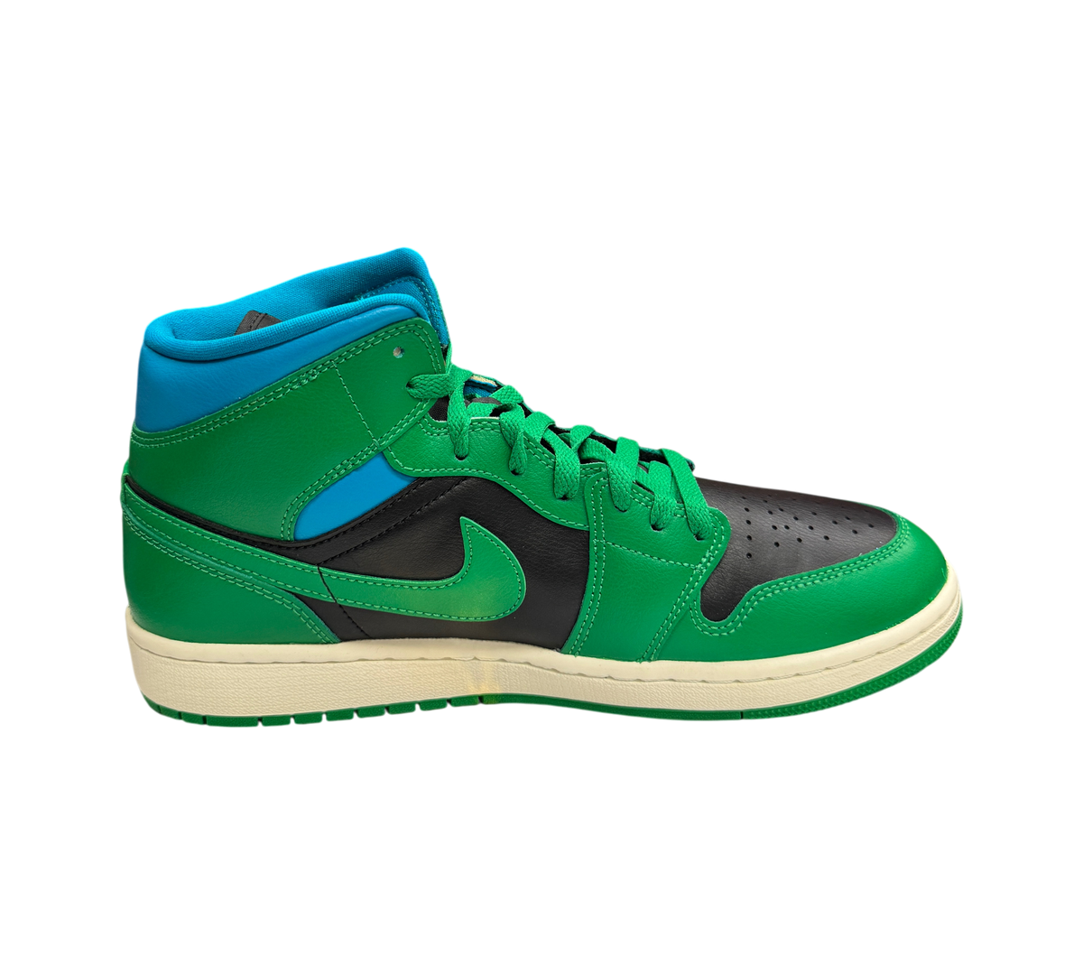 Genesis Boutique Jordan 1 WMNS Mid Lucky Green Aquatone sneakers with black leather and green overlays