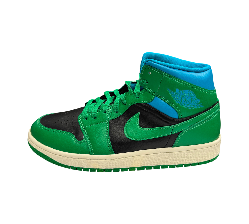 Genesis Boutique Jordan 1 WMNS Mid Lucky Green Aquatone sneakers with black leather panels and cream midsole
