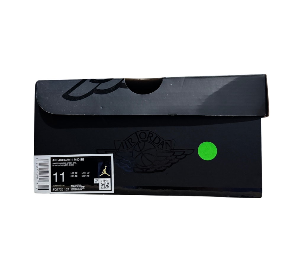 Genesis Boutique Jordan 1 Mid Oxidized Green sneaker box with size 11 label and Air Jordan logo