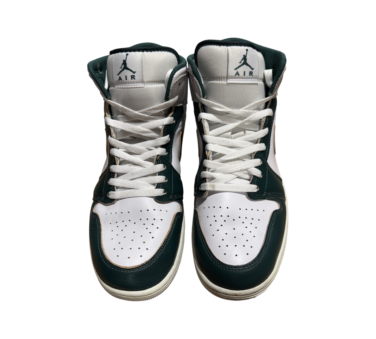 Genesis Boutique Jordan 1 Mid Oxidized Green sneakers in white and dark green leather with white laces