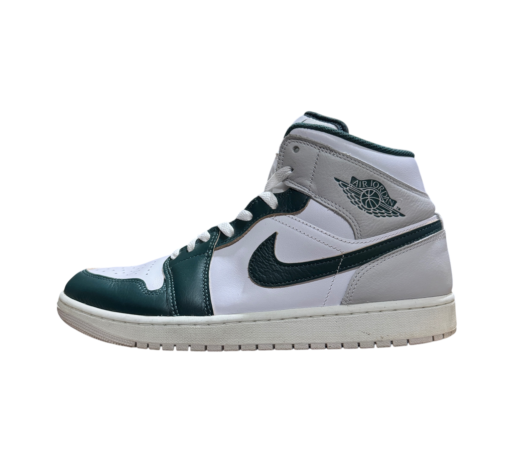Genesis Boutique Jordan 1 Mid Oxidized Green sneakers featuring white, grey, and dark green leather panels.