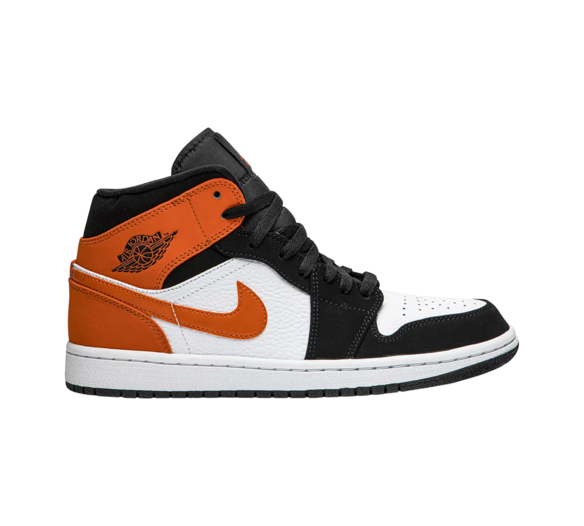 Genesis Boutique Jordan 1 Mid Shattered Backboard sneakers with white, black, and orange leather.