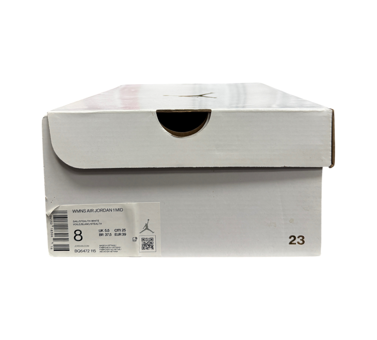 Genesis Boutique Jordan 1 Mid Stealth sneaker box with size label and branding in a retail store setting