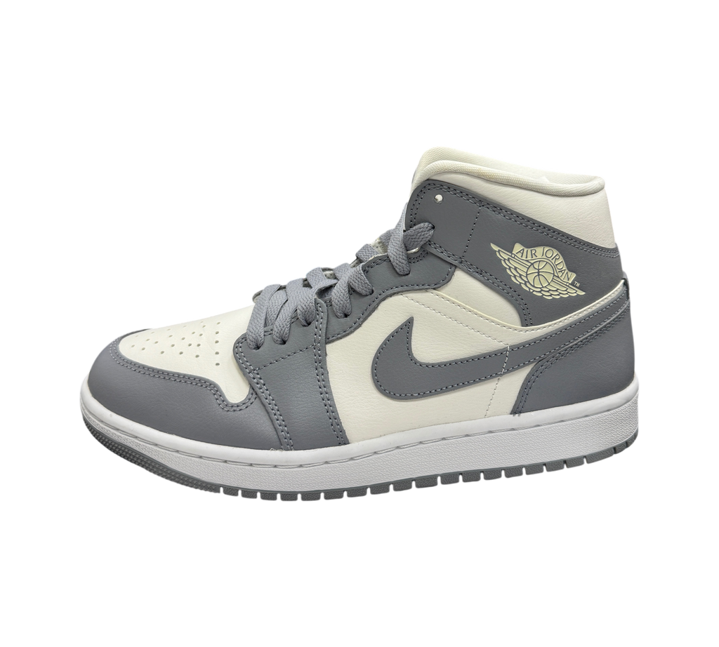Genesis Boutique Jordan 1 Mid Stealth sneakers in grey and off-white leather with iconic side wing logo