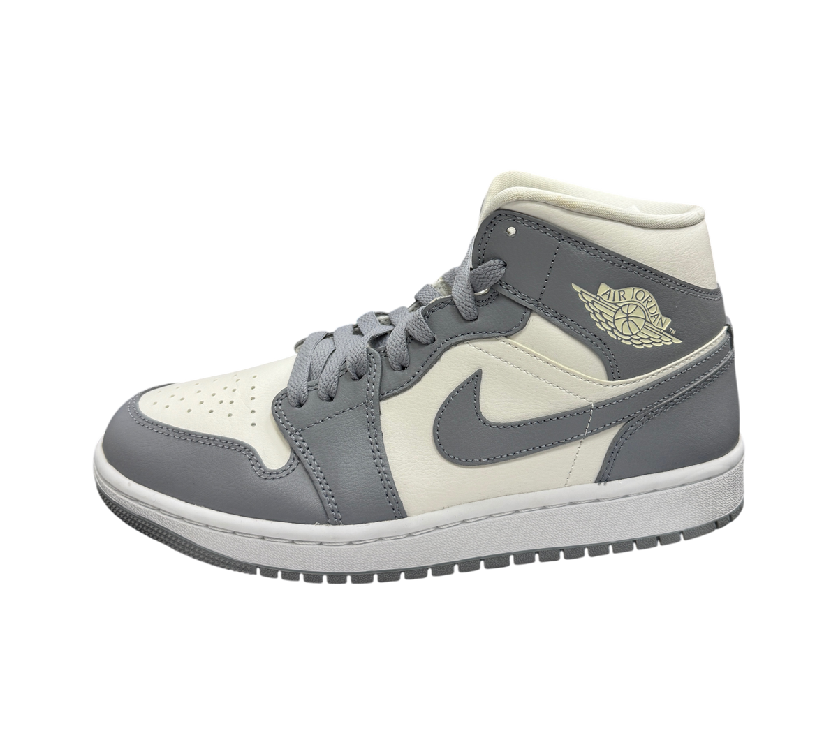 Genesis Boutique Jordan 1 Mid Stealth sneakers in grey and off-white leather with iconic side wing logo