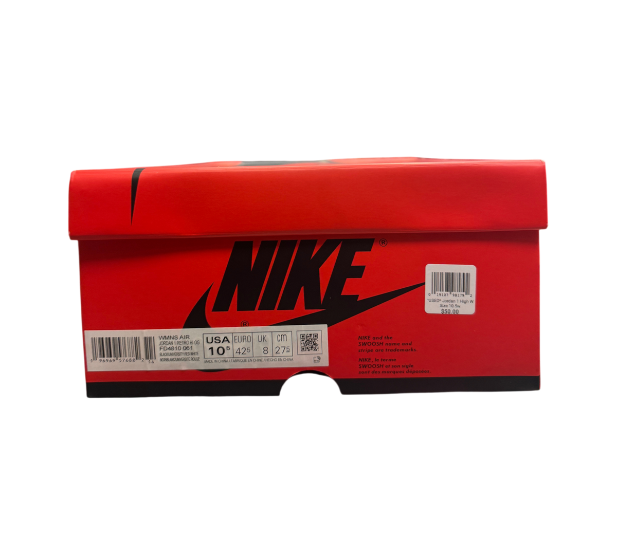 Genesis Boutique red Nike Jordan 1 High Satin Bred shoe box with size label and branding against a black background