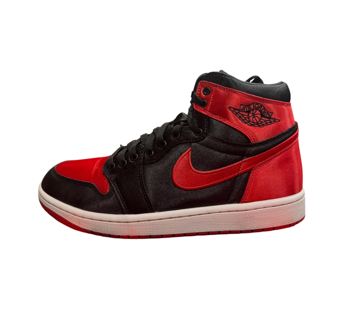 Genesis Boutique Jordan 1 High Satin Bred sneakers in black and red satin with white midsole and black laces