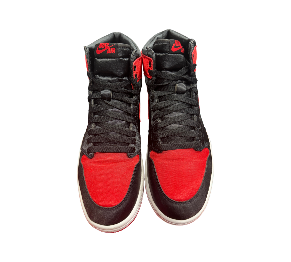 Genesis Boutique Jordan 1 High Satin Bred sneakers in black and red satin with Nike Air branding on the tongue