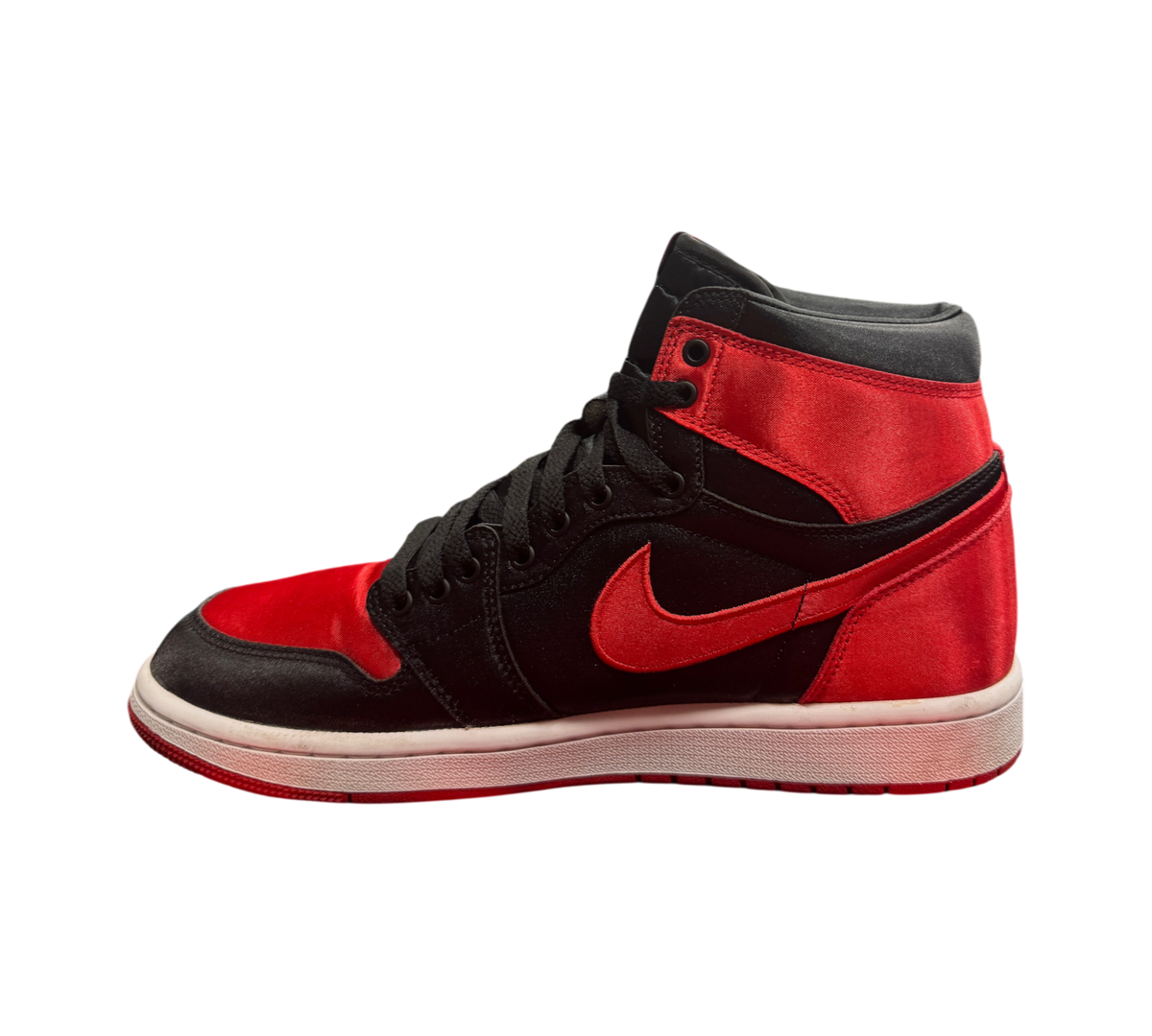 Genesis Boutique Jordan 1 High Satin Bred sneakers in black and red satin with high-top silhouette