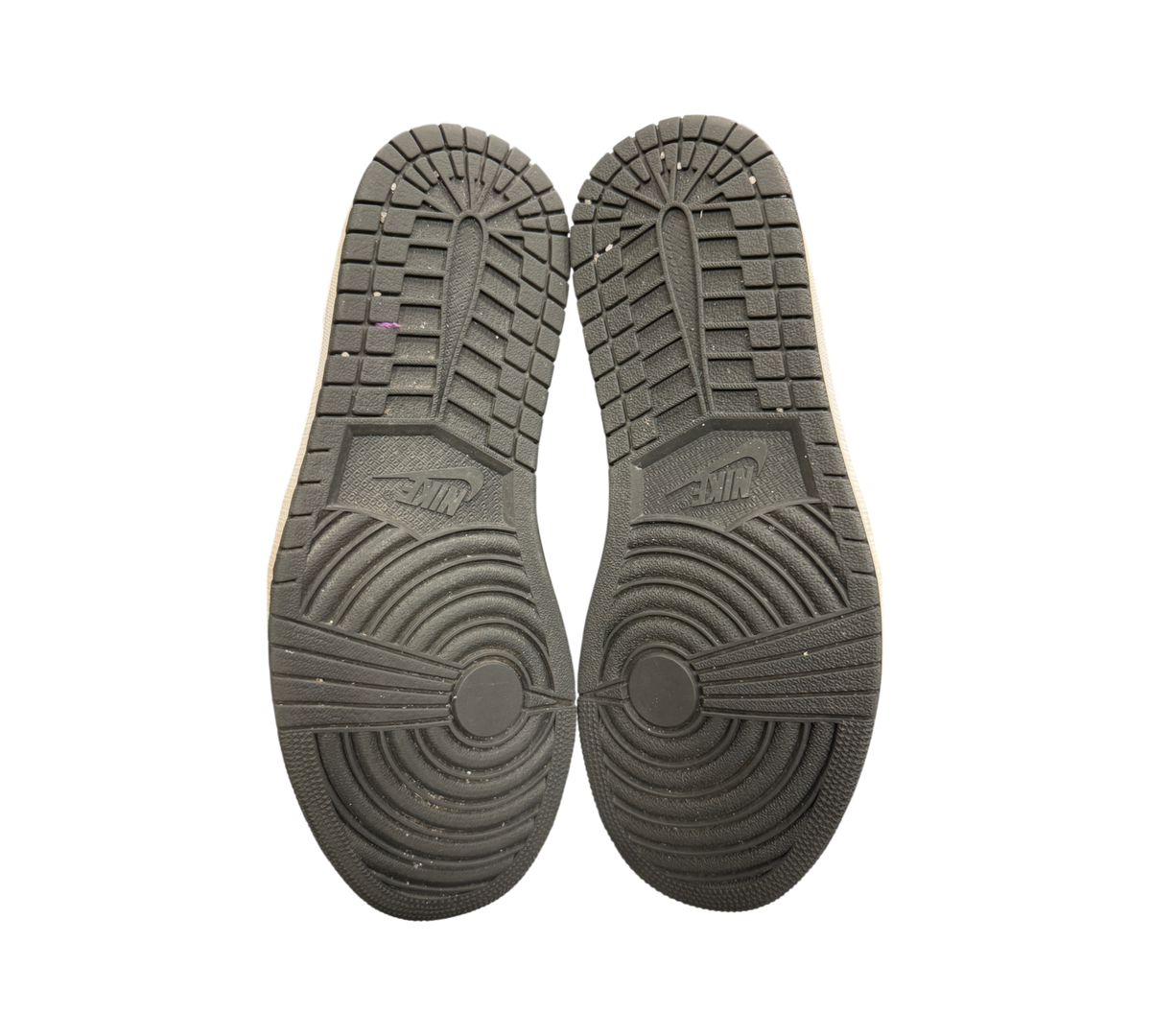 Genesis Boutique used Jordan 1 High Shadow sneakers showing the black rubber outsoles with classic Nike tread pattern