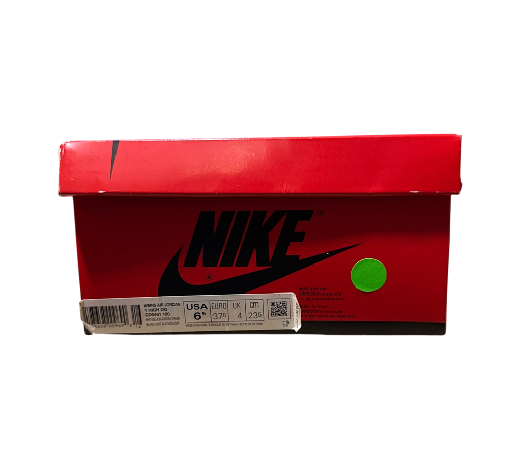 Genesis Boutique Jordan 1 Tie Dye sneaker box with Nike branding and size 6.5 label on a cardboard surface