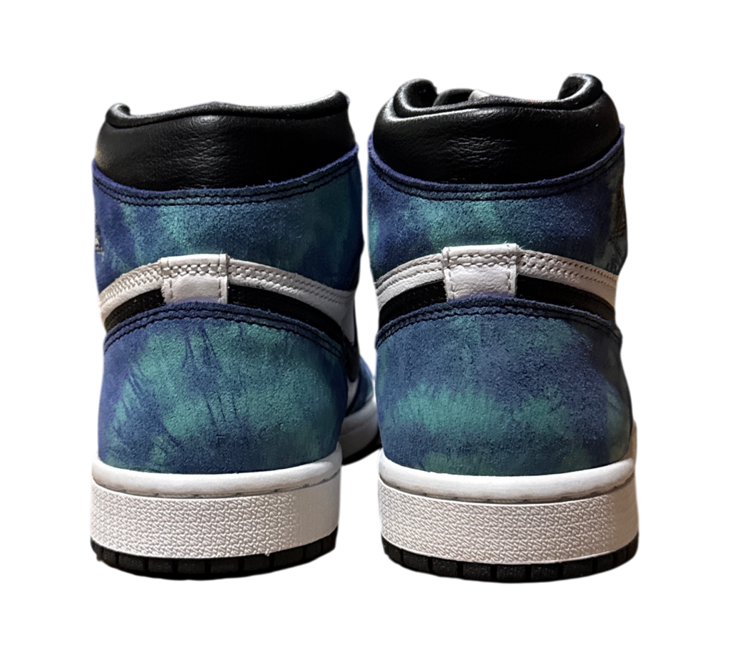 Genesis Boutique Jordan 1 Tie Dye sneakers showing the blue and black patterned heel view
