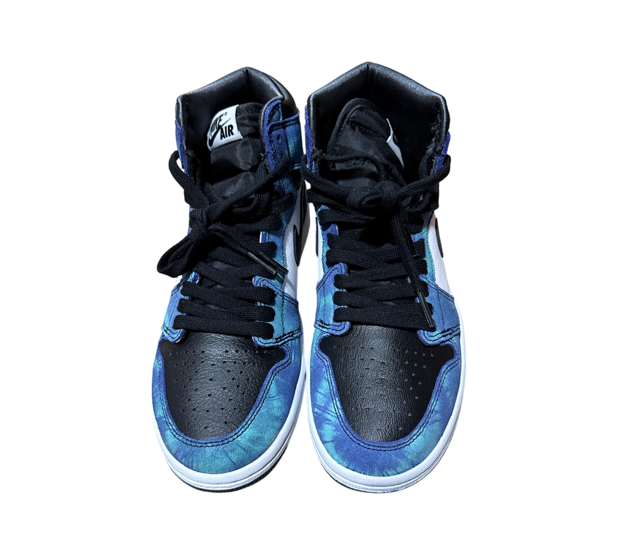 Genesis Boutique Jordan 1 Tie Dye high-top sneakers featuring black leather and blue tie-dye overlays